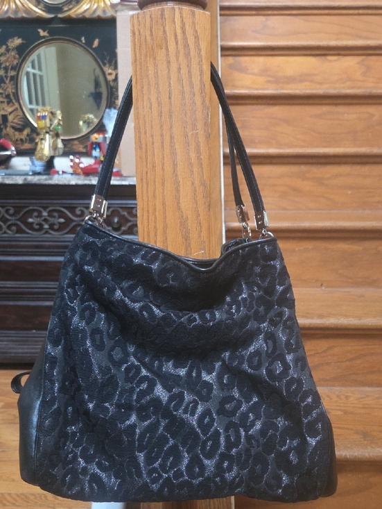 Coach Handbags - Coach Black Leopard-Print Shoulder Bag with Shimmer